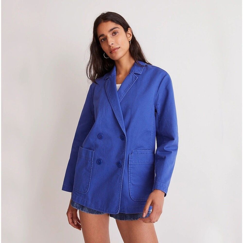 Madewell Womens Crossover Blazer Large Chino Cotton Double Breasted Blue